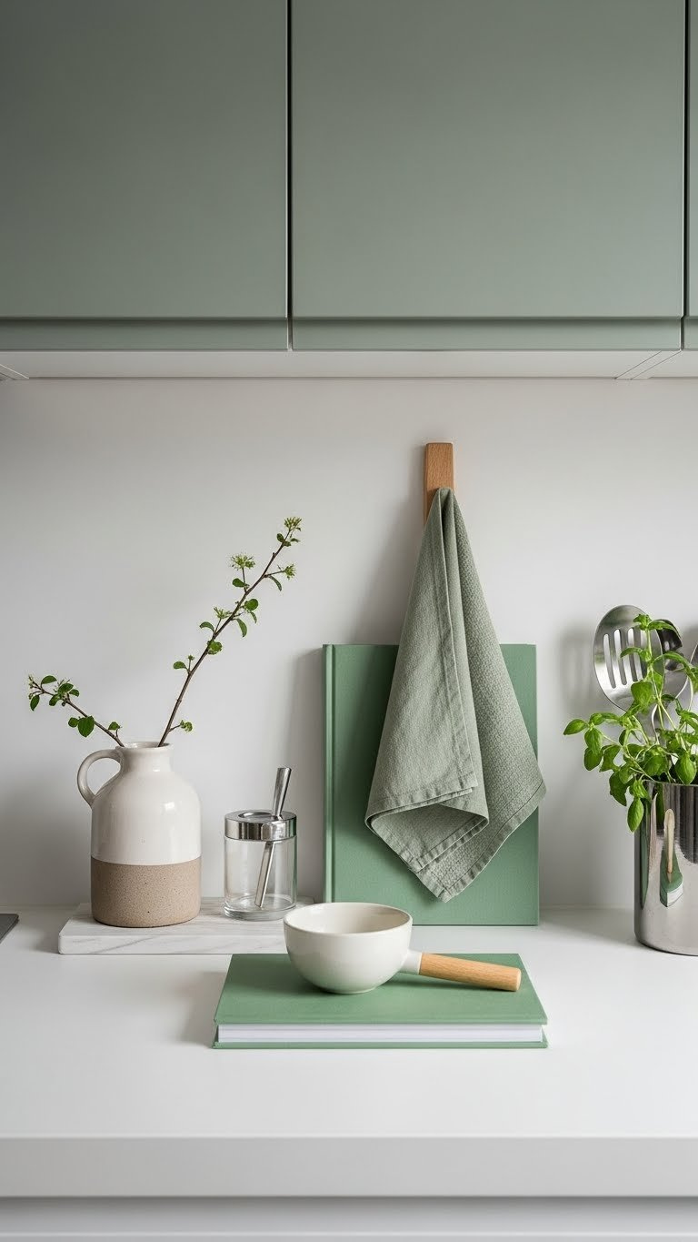 Minimalist sage green kitchen decor including ceramic vase and tea towel on white countertop