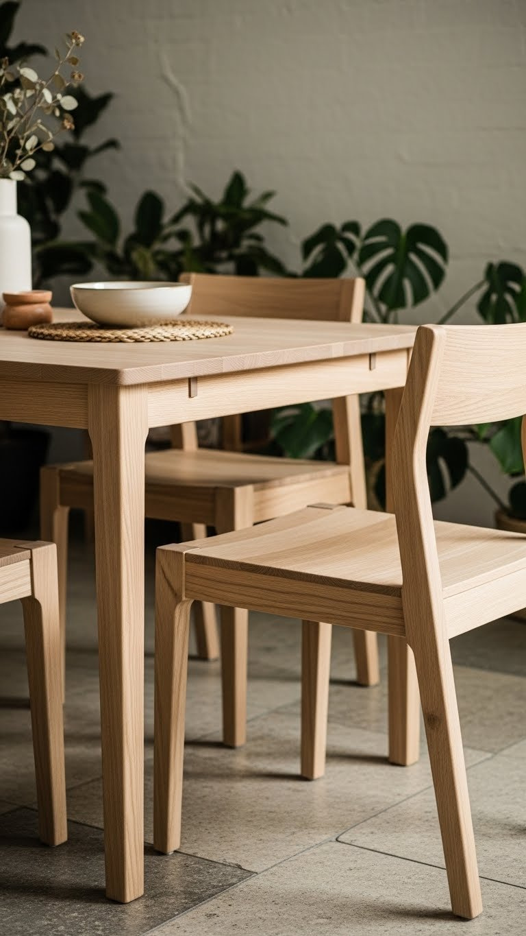 Minimalist scandi dining table and chairs made from responsibly sourced natural wood with visible grain in sustainable home interior.