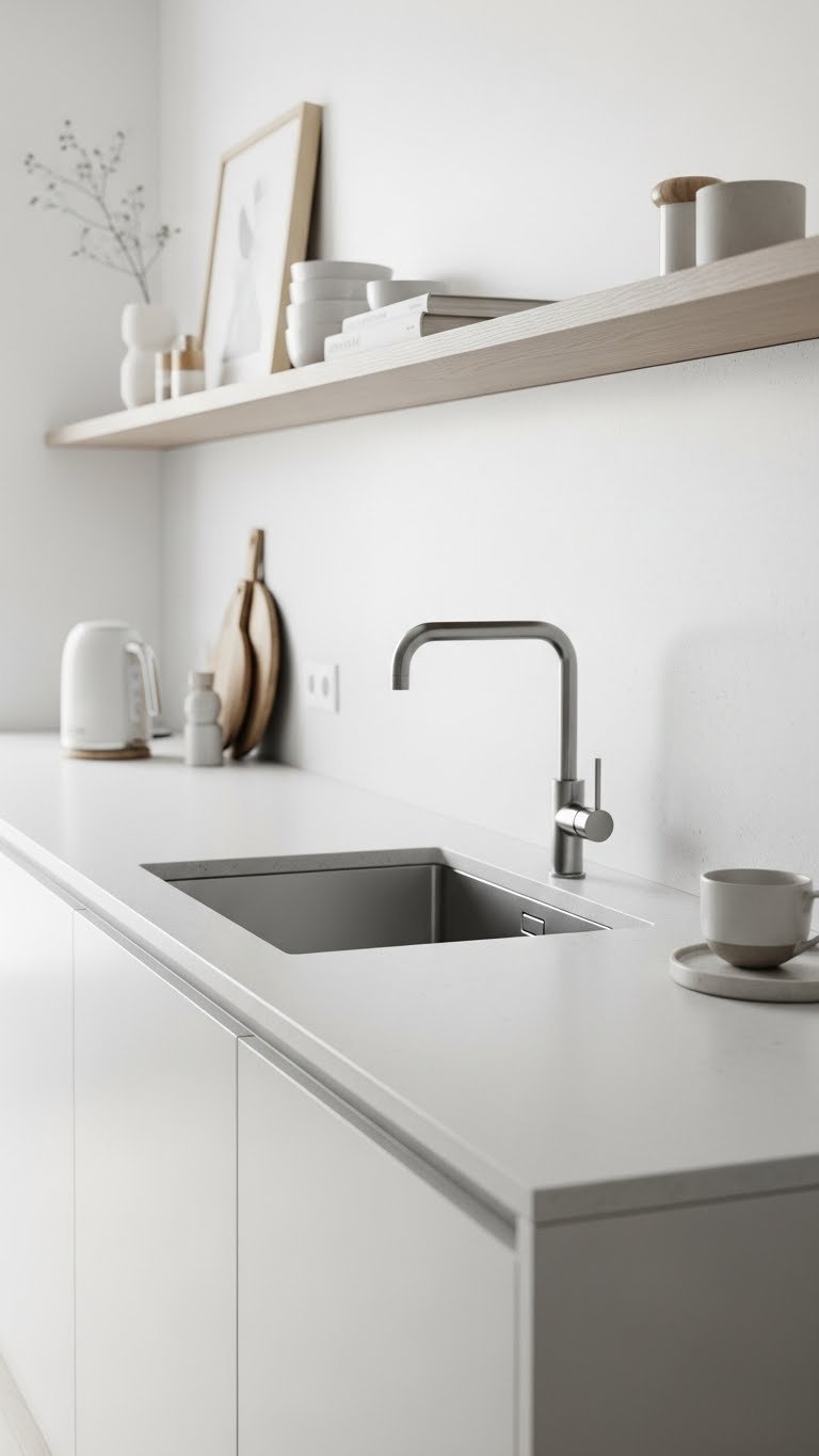 Minimalist scandi kitchen seamless integrated splashback with continuous countertop and clean lines