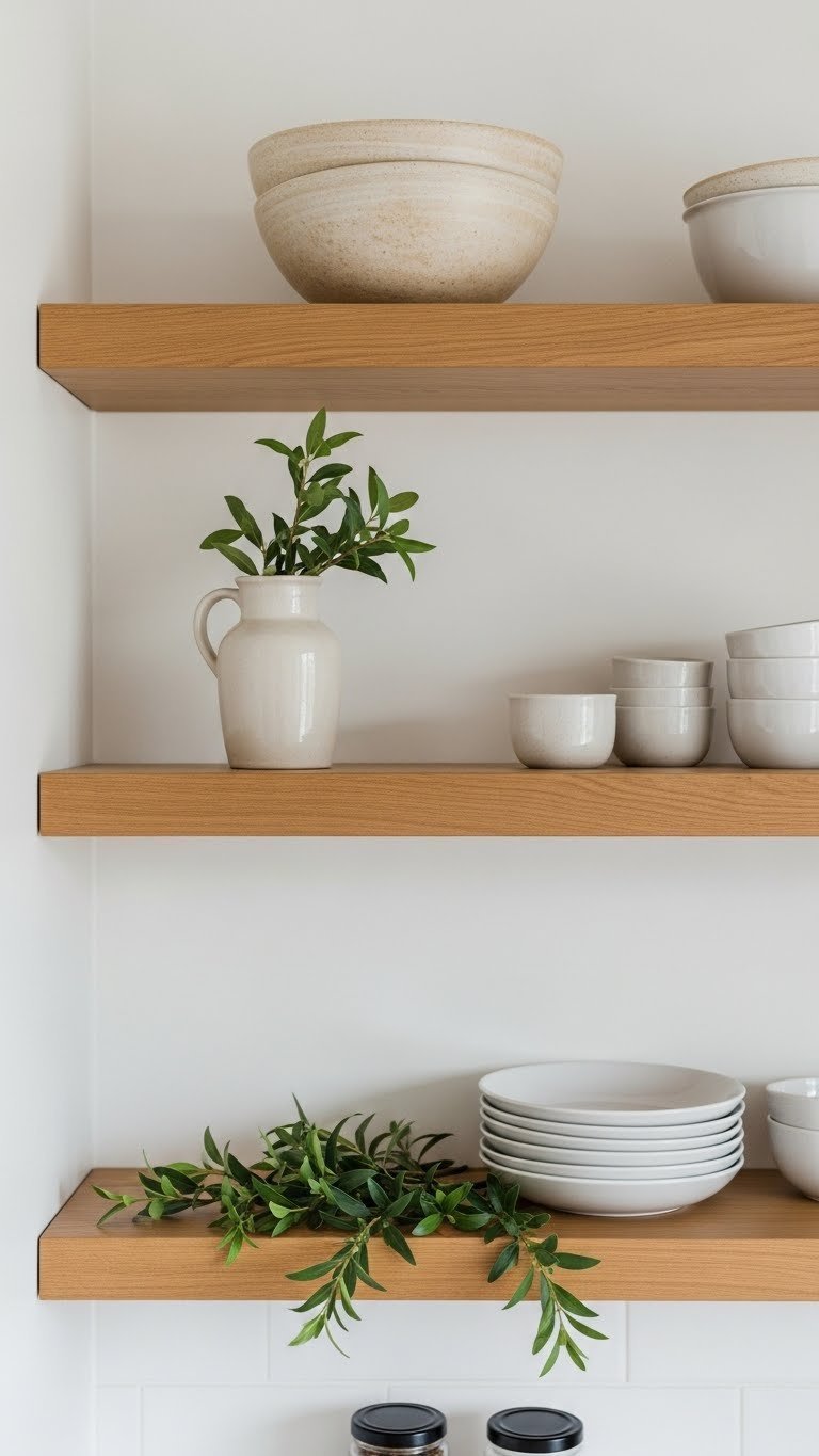 Minimalist scandi kitchen shelves with ceramic vase, white plates, and green sprig arranged with warm cream and wood tones