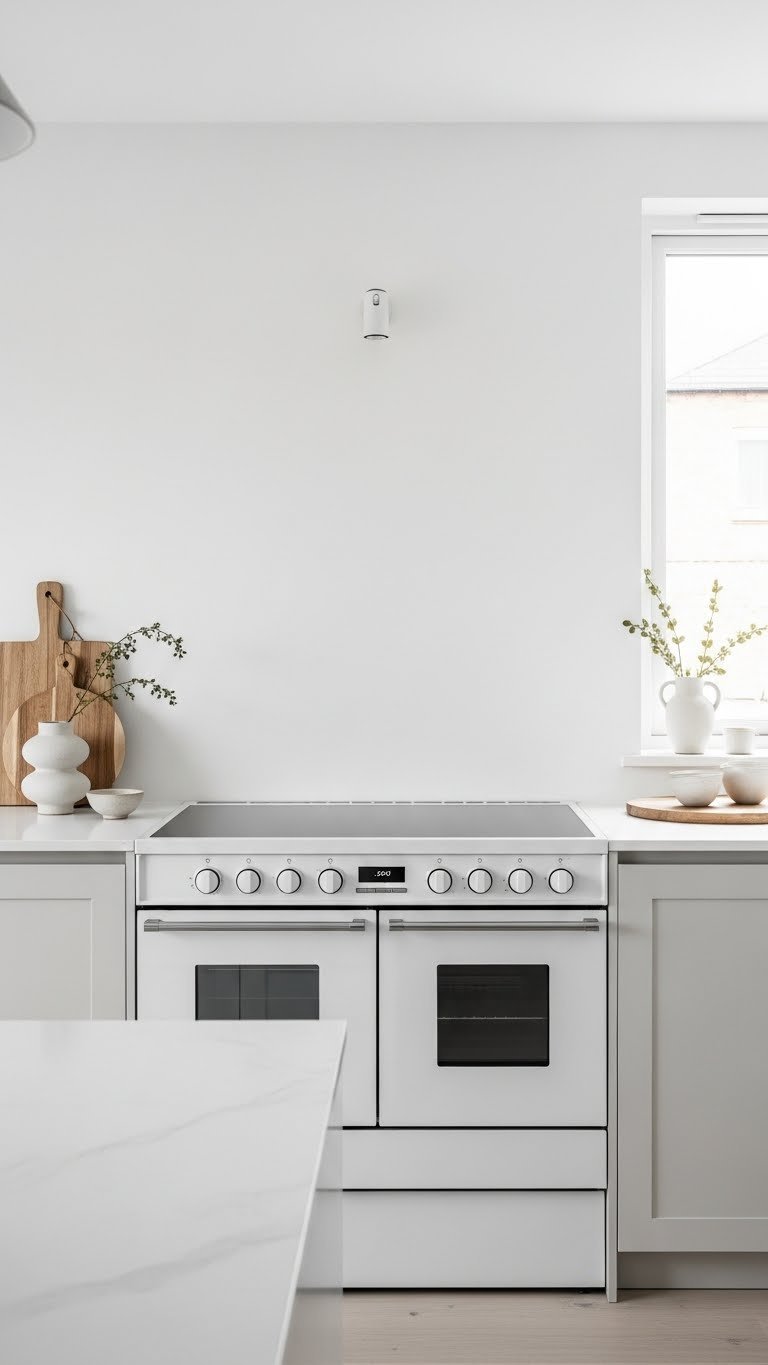 Minimalist scandi kitchen with integrated matte white range cooker seamlessly blending into light cabinetry and countertops.