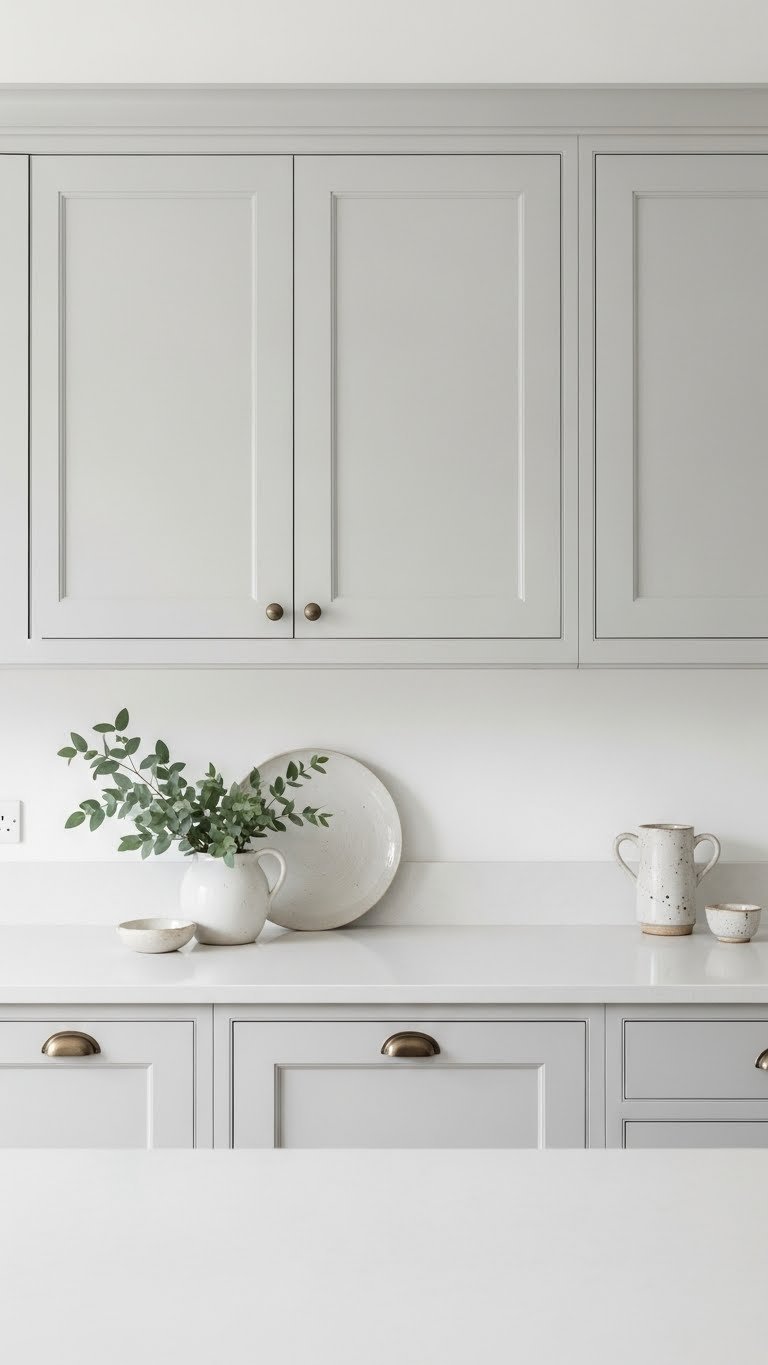 Minimalist shaker cabinets with clean lines in white Scandi farmhouse kitchen design with integrated appliances