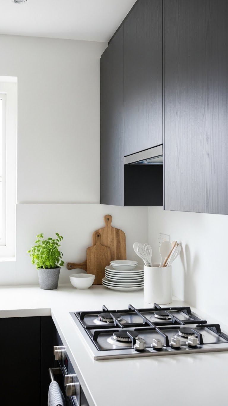 Minimalist small kitchen design with clean countertops, sleek dark cabinets, and thoughtful decluttering for modern living