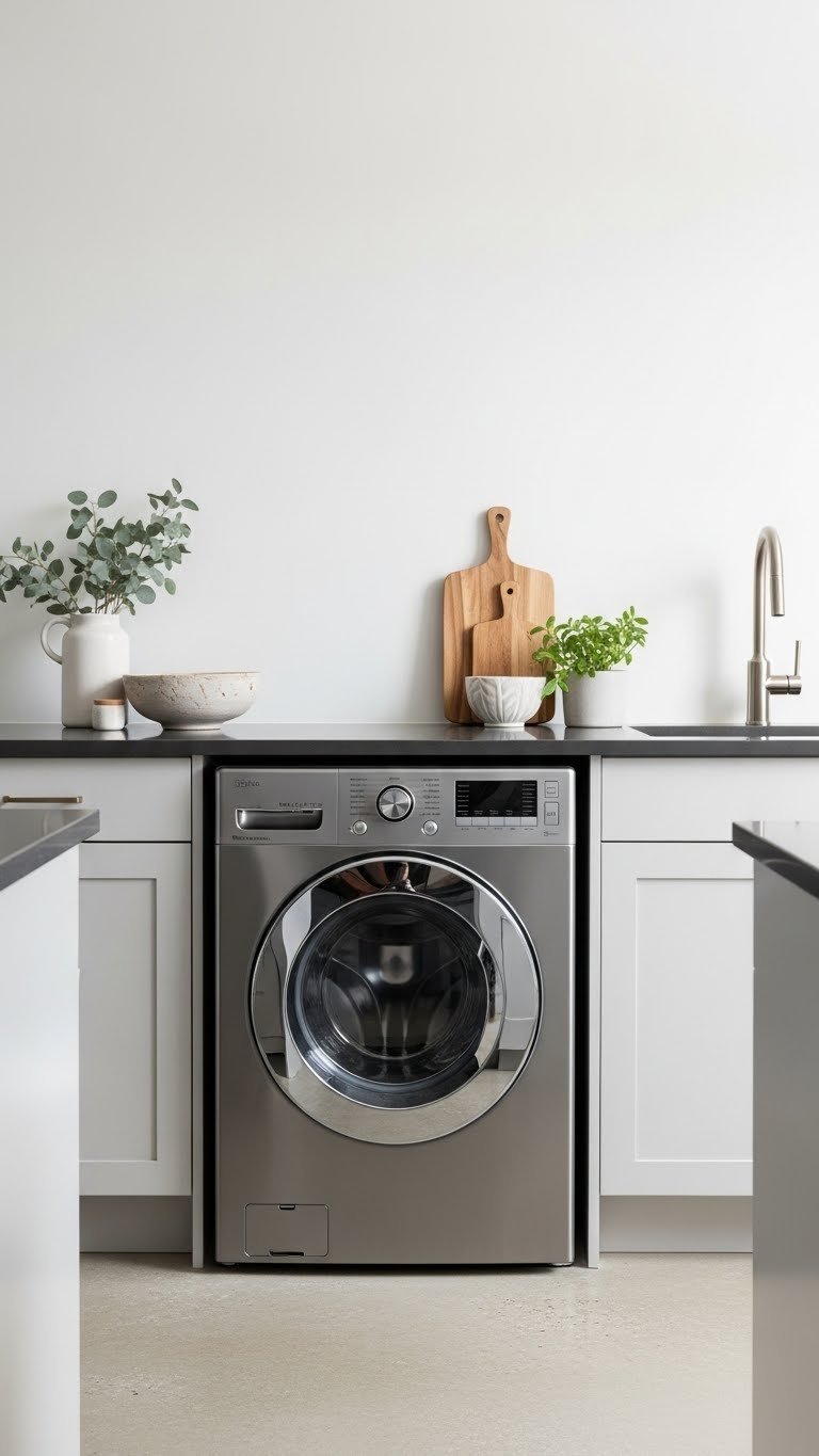 Minimalist small kitchen with brushed stainless steel washer-dryer combo unit beneath dark grey quartz countertop.