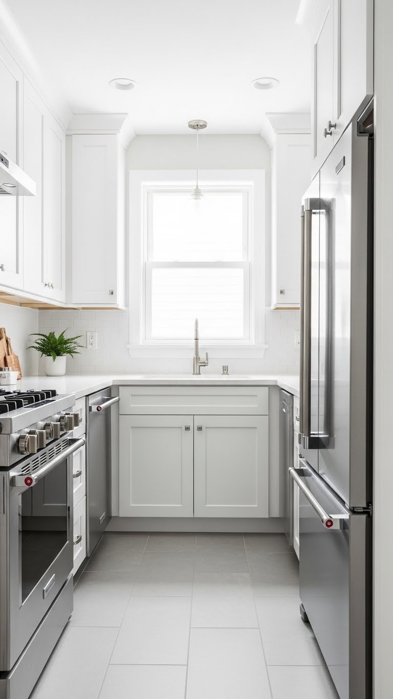 Minimalist small kitchen with light grey porcelain tile floors, white shaker cabinets, stainless steel appliances, and natural light creating a bright modern space.