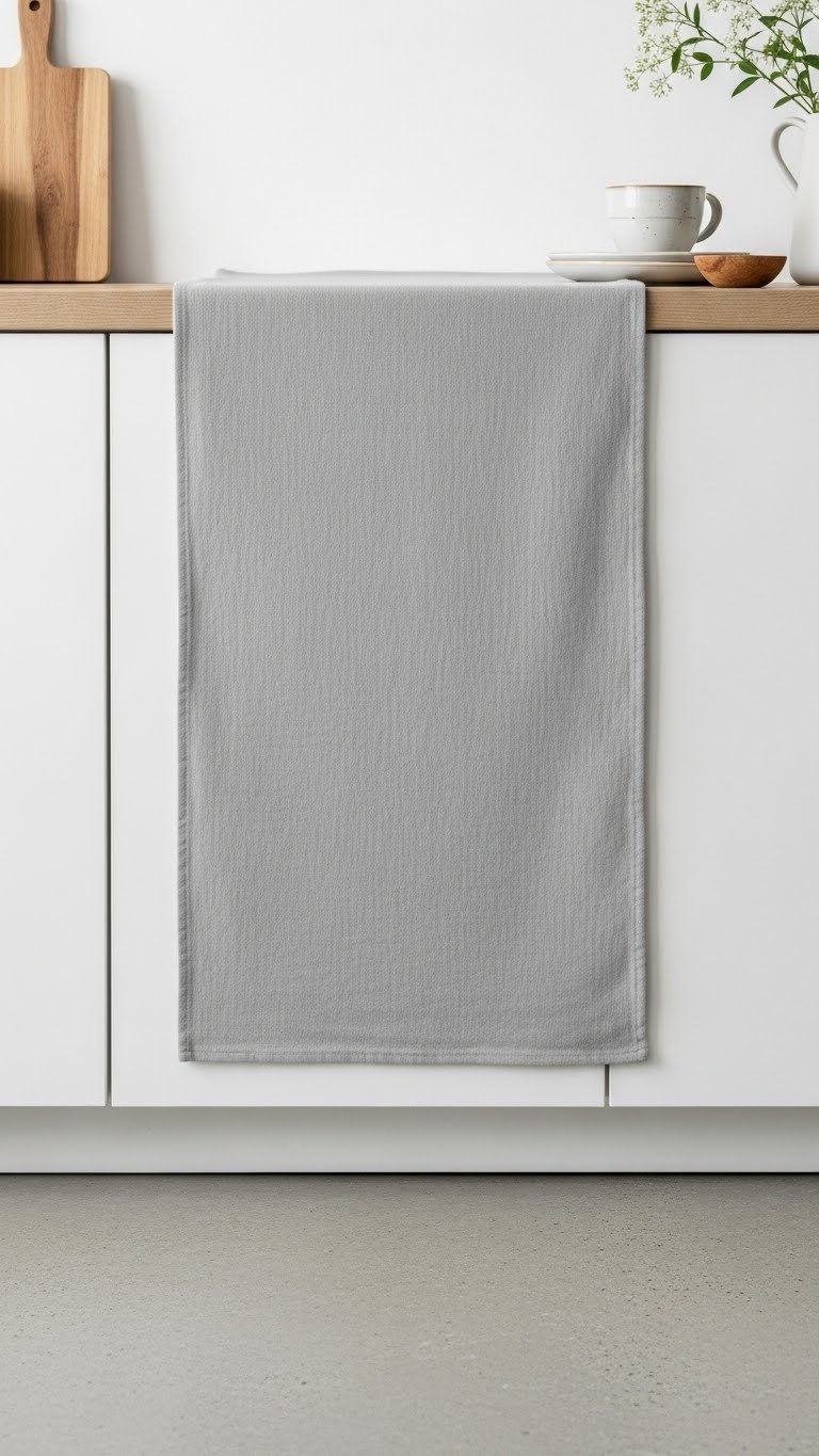 Minimalist solid light grey scandi kitchen runner on polished concrete floor in white minimalist kitchen setting