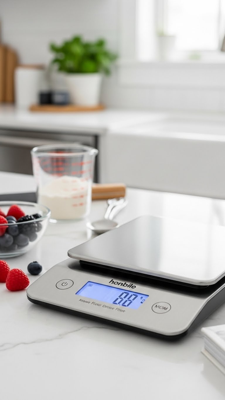 Minimalist stainless steel digital kitchen scale measuring flour on white marble countertop with LED display