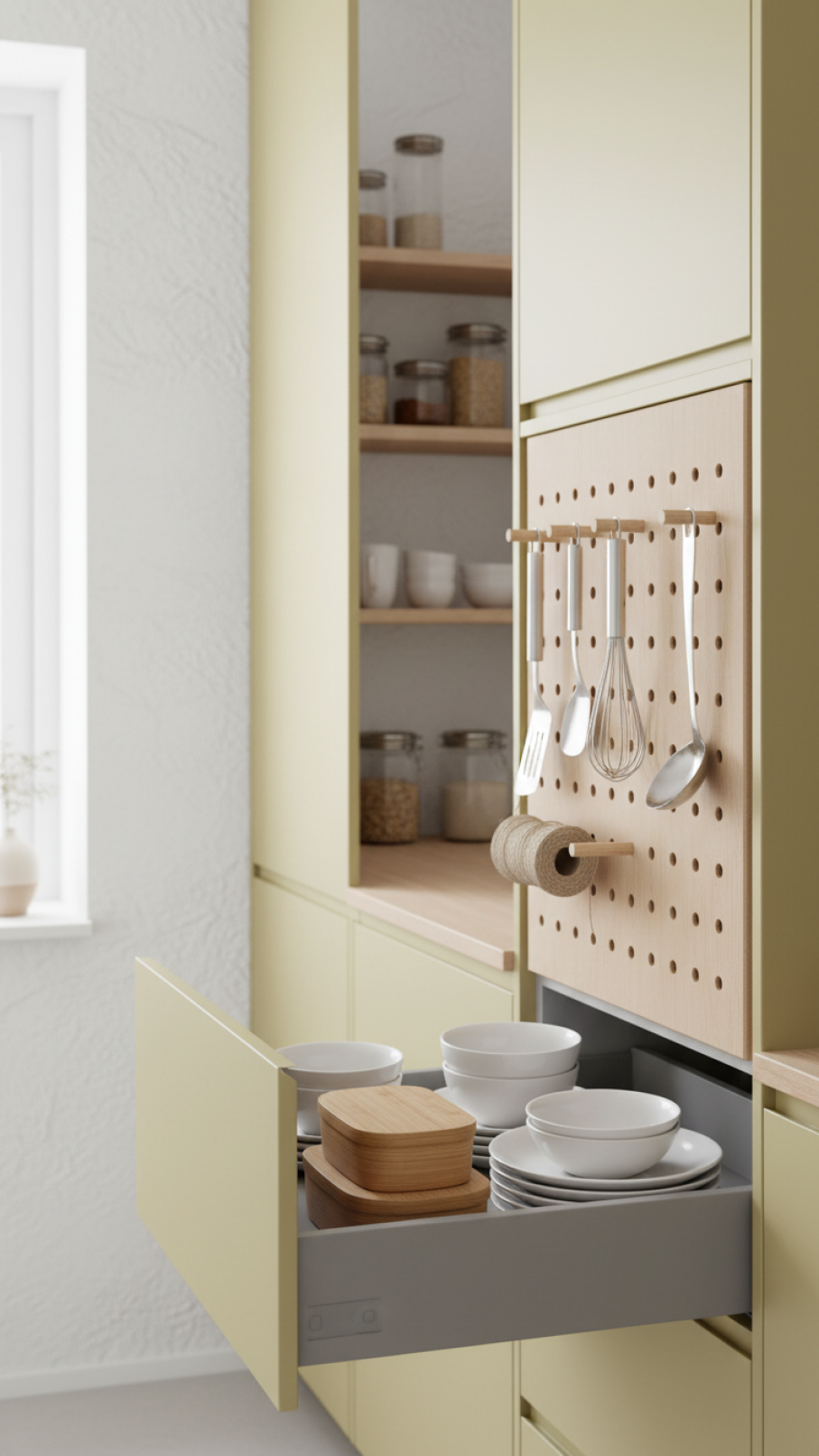Minimalist storage solutions in butter yellow kitchen with organized drawers and neatly stacked white dishes in clean natural light