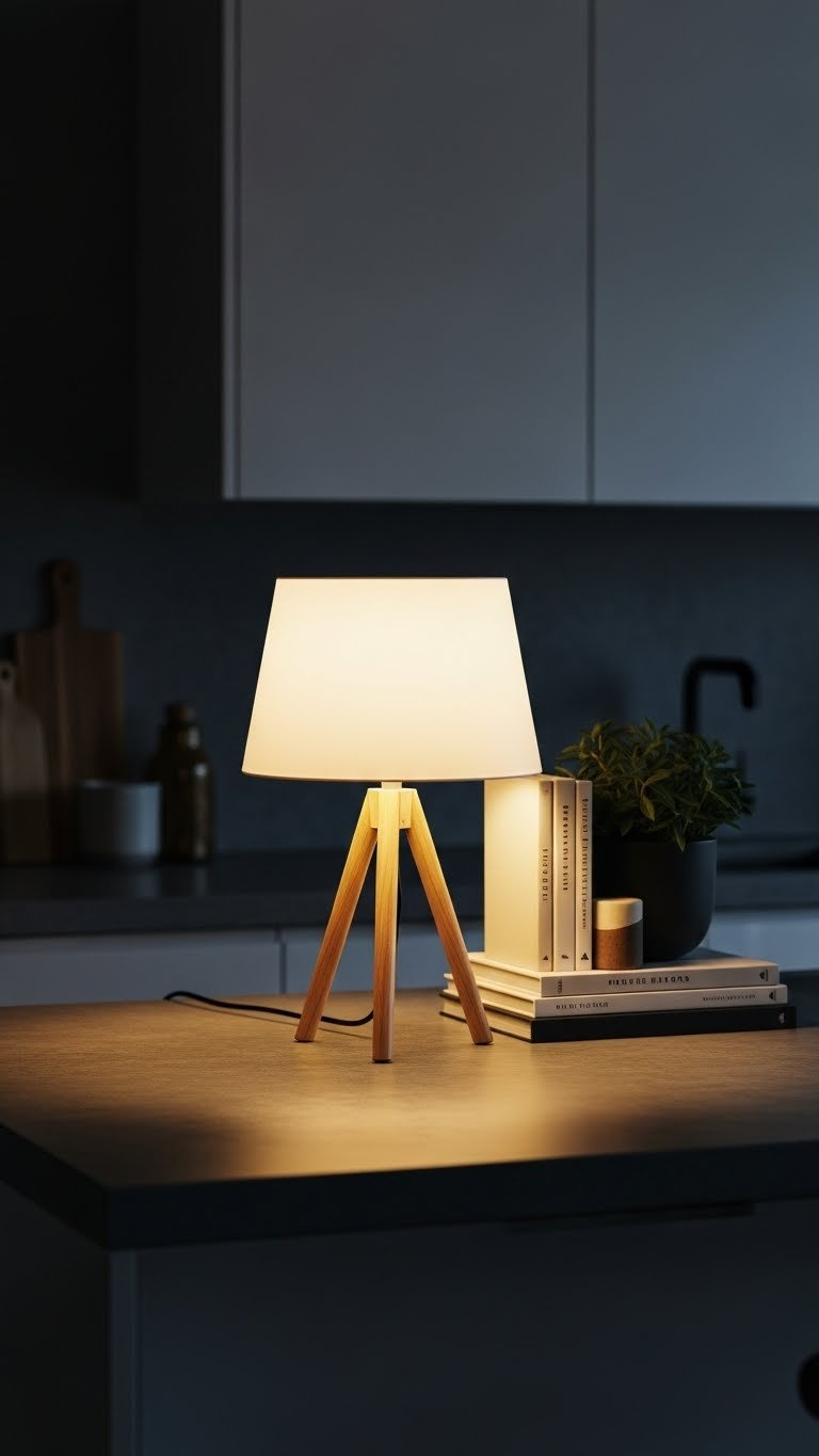 Minimalist table lamp with wood base emitting warm glow on dark grey concrete kitchen counter
