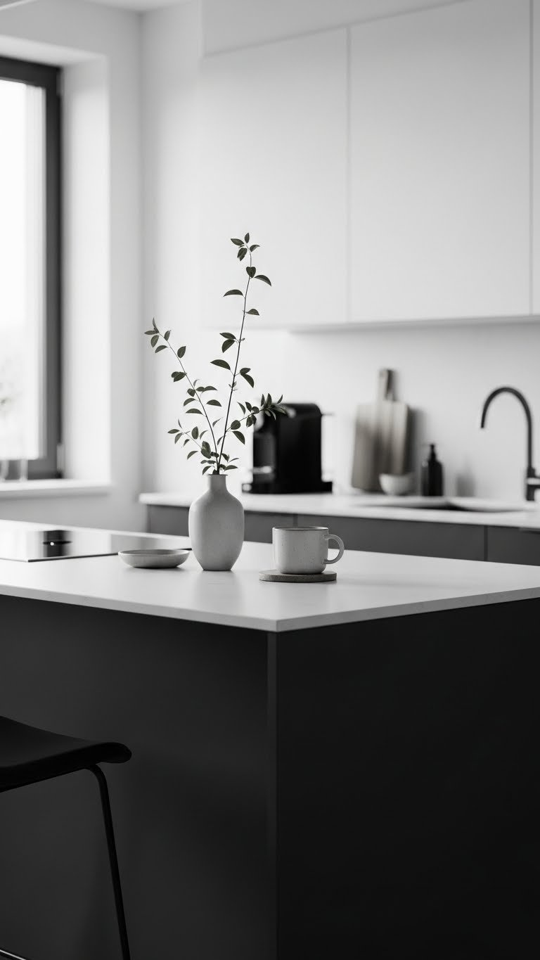 Minimalist urban apartment kitchen island with monochromatic finish and sleek modern coffee maker accessories