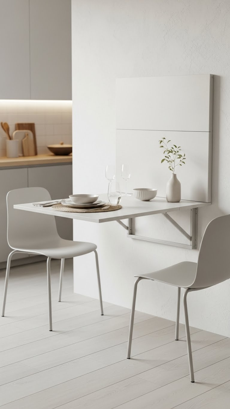 Minimalist wall-mounted dining table with compact chairs in small kitchen, featuring easy-clean surface and soft bokeh background