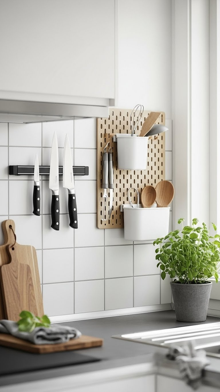 Minimalist wall-mounted magnetic knife strip and light wood pegboard storage system on white tiled kitchen wall