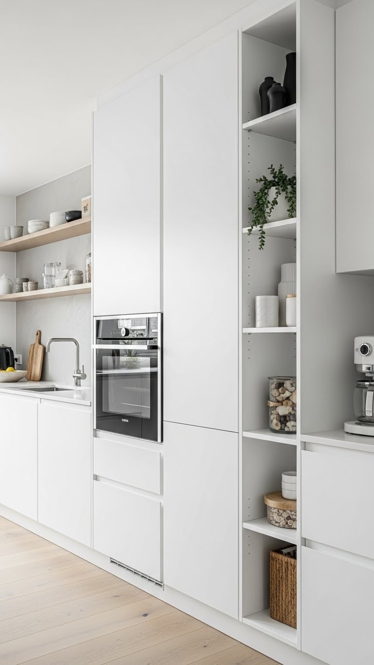 Minimalist white floor-to-ceiling storage in open kitchen living. Handle-less cabinets, open shelves. Clean design, natural wood.
