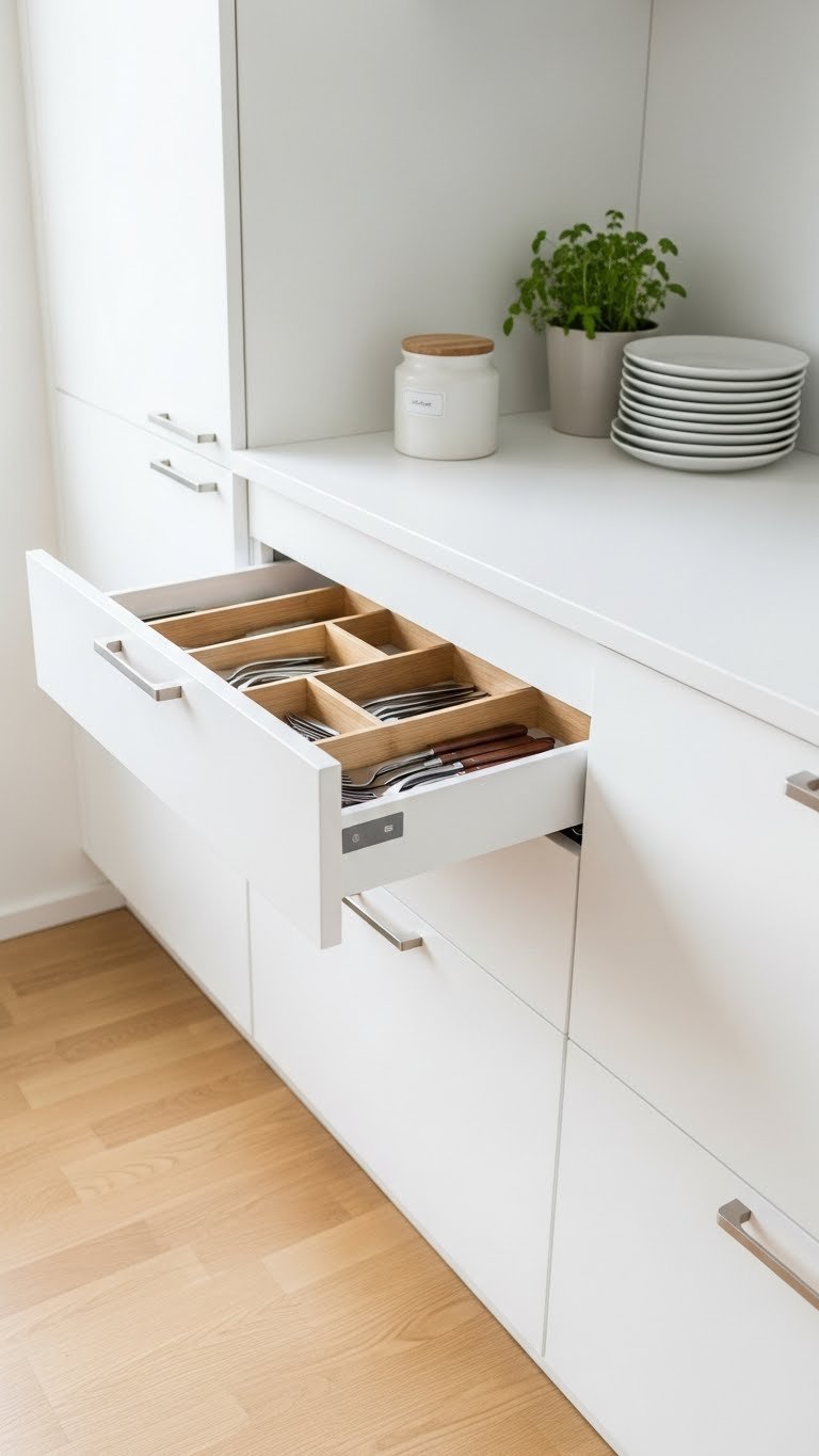 9 Scandi Boho Kitchen Ideas: Create Your Dream Cozy Space 17 Minimalist white kitchen cabinets with organized storage and wooden drawer dividers in Scandi design