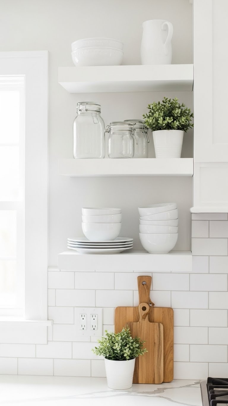 Minimalist white kitchen floating shelves displaying white dishes and green plants against subway tile backsplash