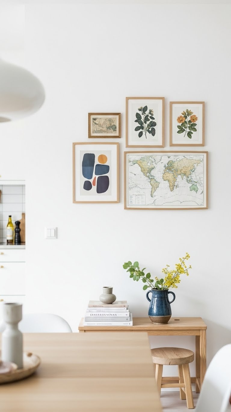 Minimalist white wall gallery featuring abstract prints, vintage map, and botanical illustrations in Scandinavian eclectic kitchen setting