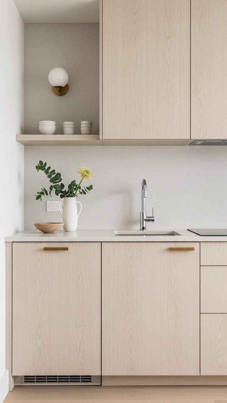 Minimalist wood cabinet design with flat panels and integrated pulls creating seamless look in contemporary small kitchen.