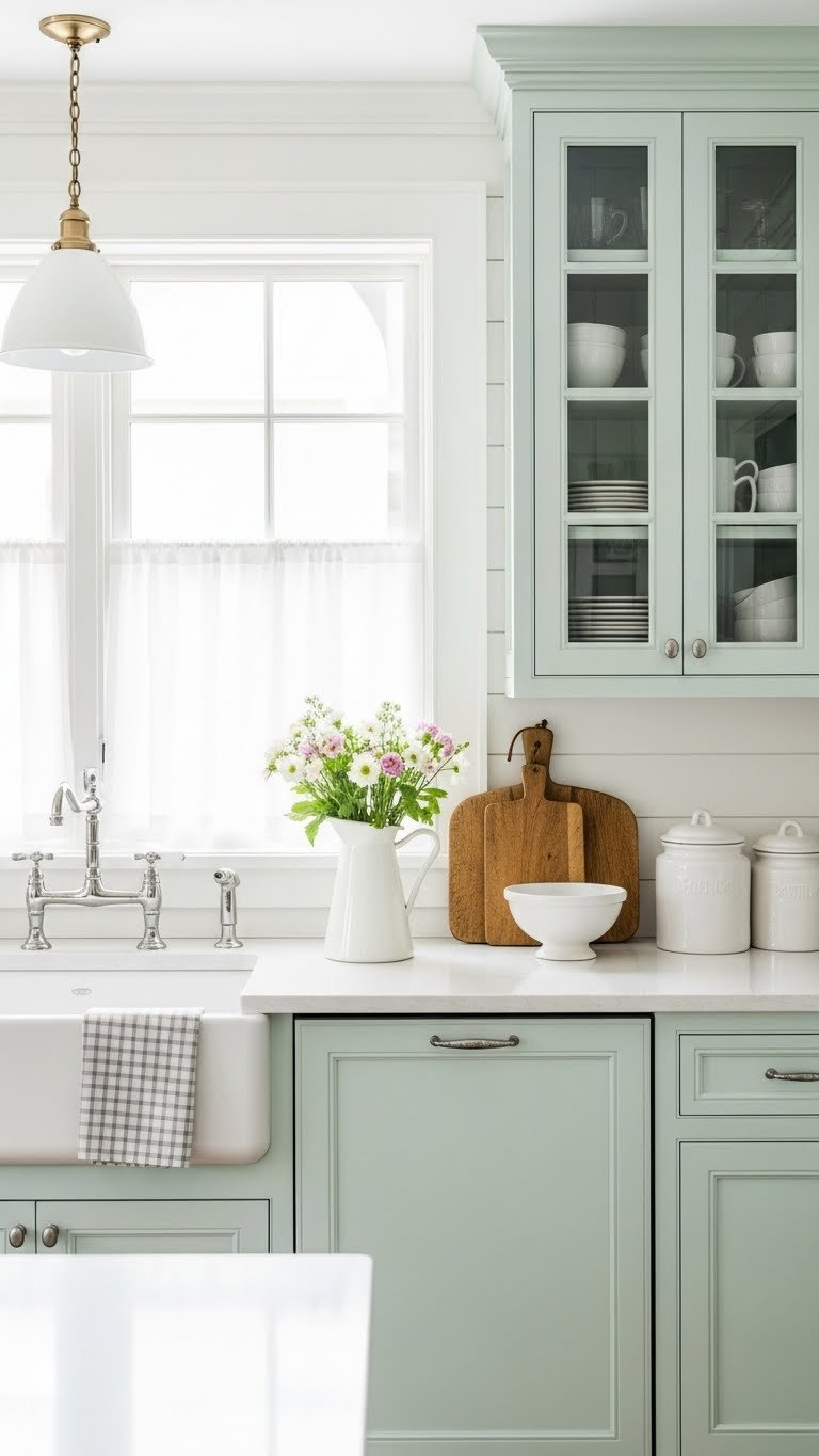 Mint green cabinets with white shiplap walls and farm sink featuring ceramic pitcher with fresh flowers