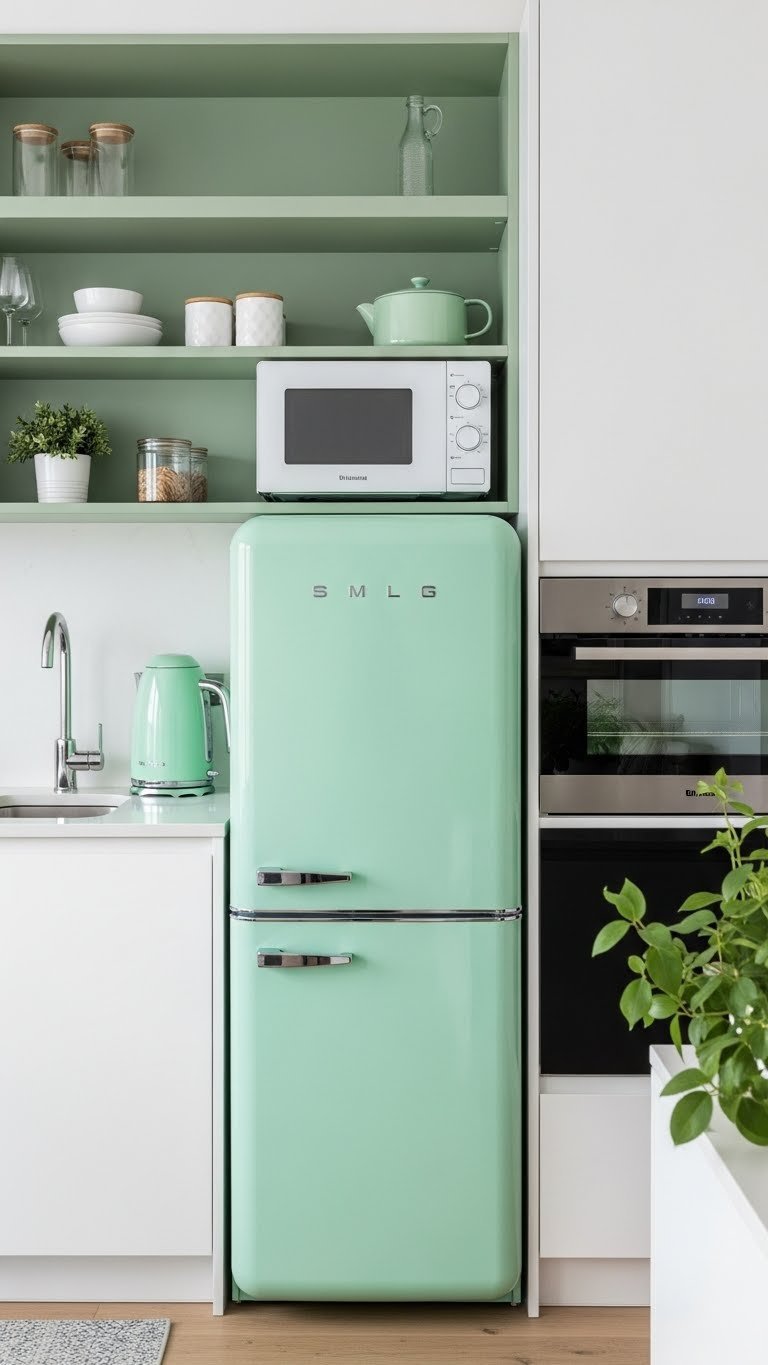 Mint green retro-style mini fridge and compact appliances in a space-saving small kitchen layout