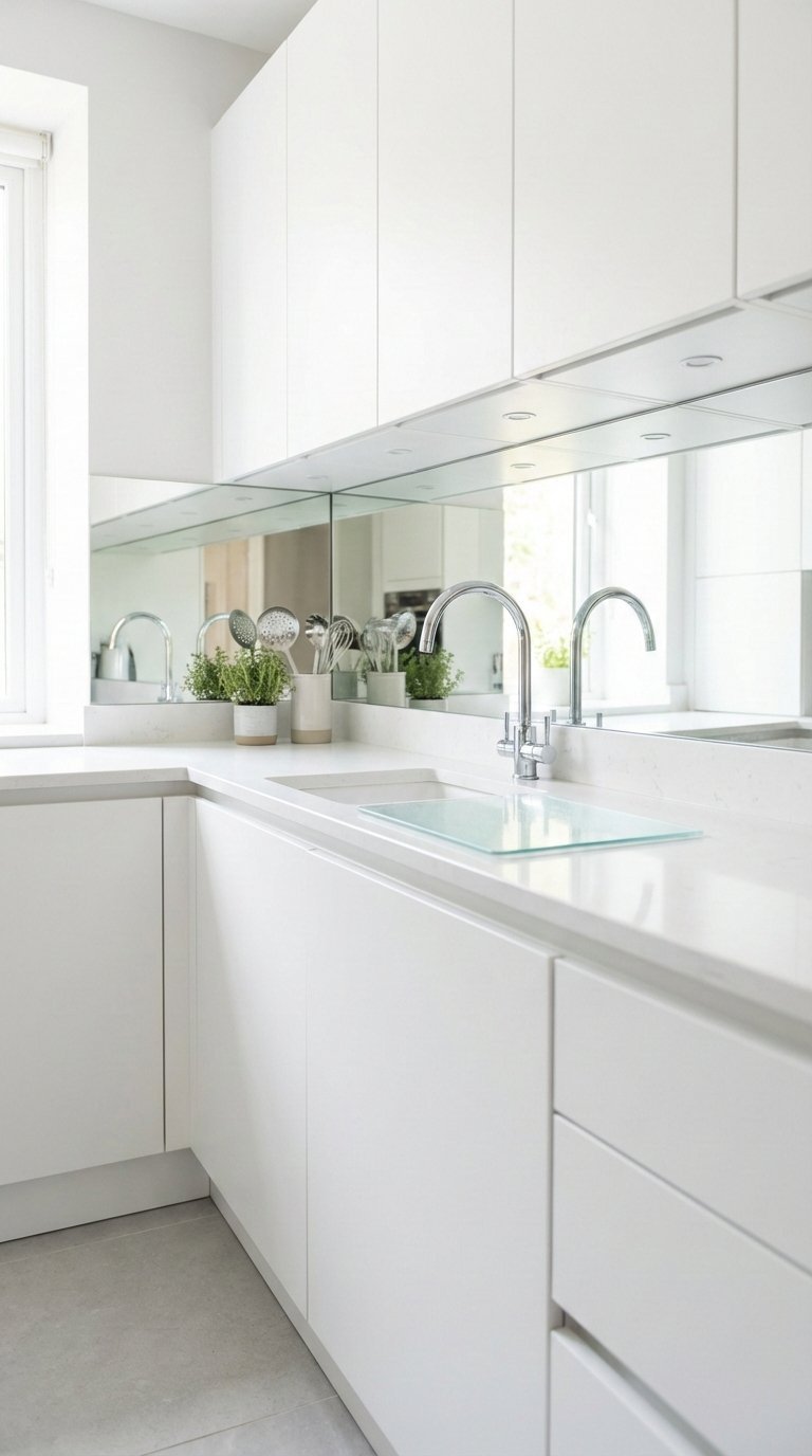Mirror backsplash reflecting cabinetry and creating depth illusion in sleek L-shaped kitchen