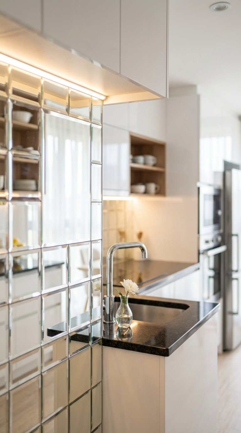 Mirrored backsplash creating depth illusion by reflecting light and kitchen interior in small space