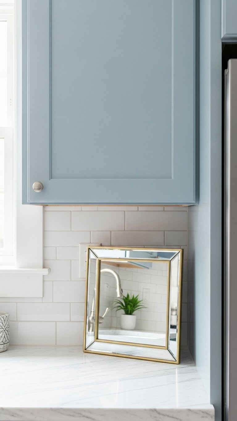 Mirrored backsplash reflecting natural light on navy blue kitchen cabinet wall creating illusion of increased space.