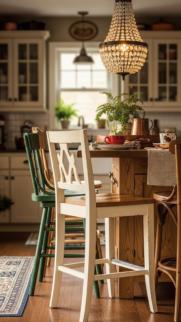 Mismatched bar stools around antique kitchen island with statement lighting in cozy compact cooking area