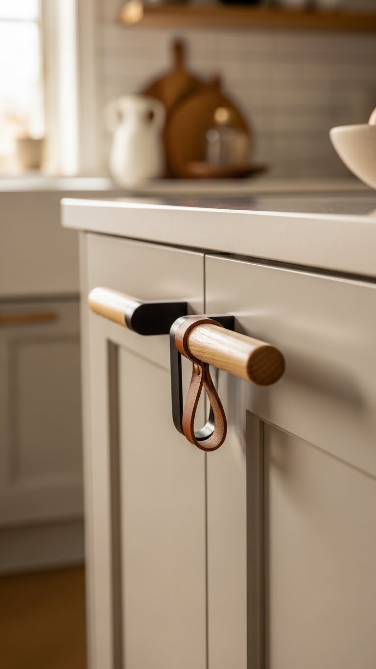 Mixed-material handle combining natural wood grip with metal brackets on modern Scandi kitchen cabinet