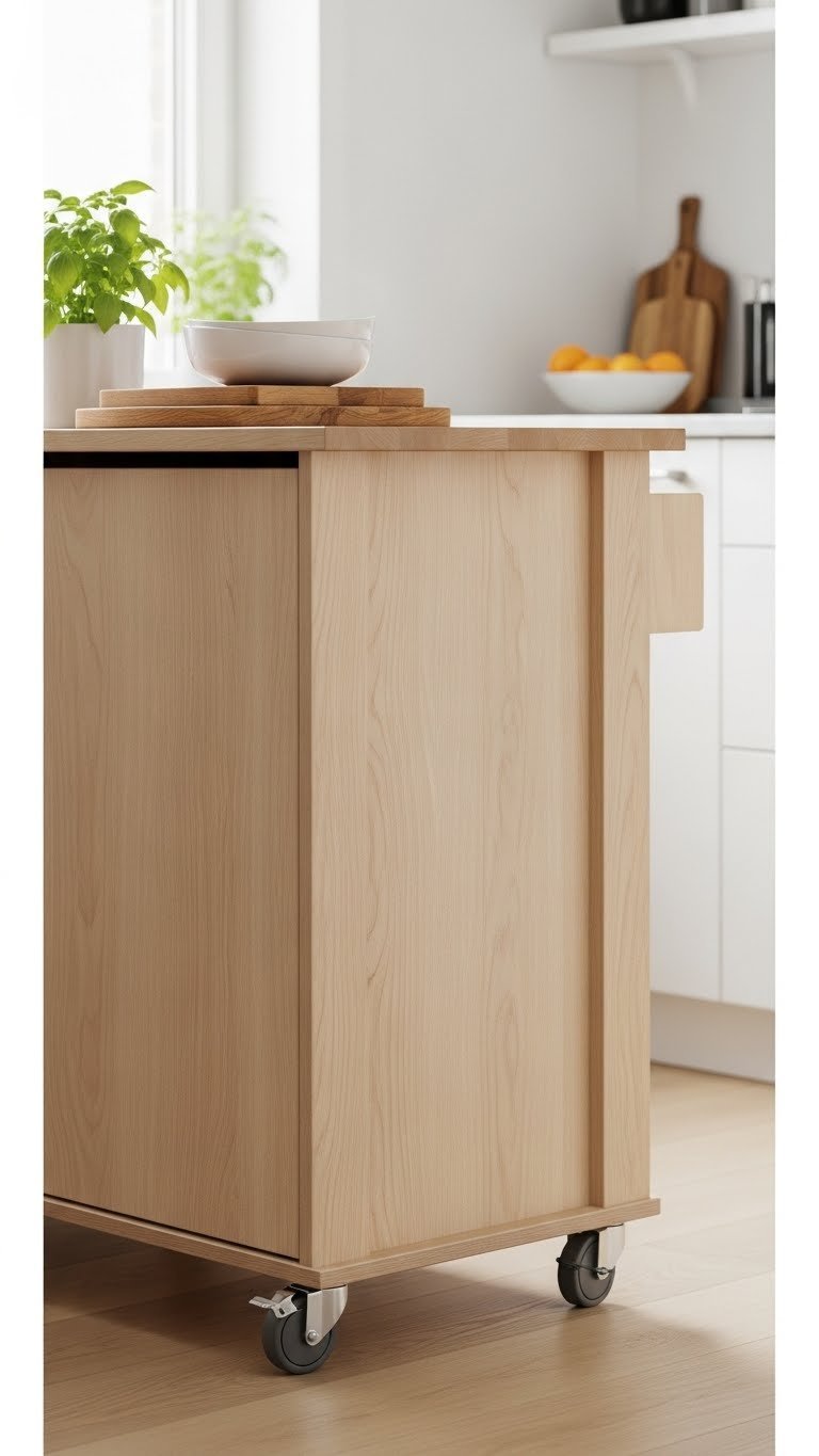 Mobile Scandi kitchen island on castor wheels with light wood construction and compact kitchen setting