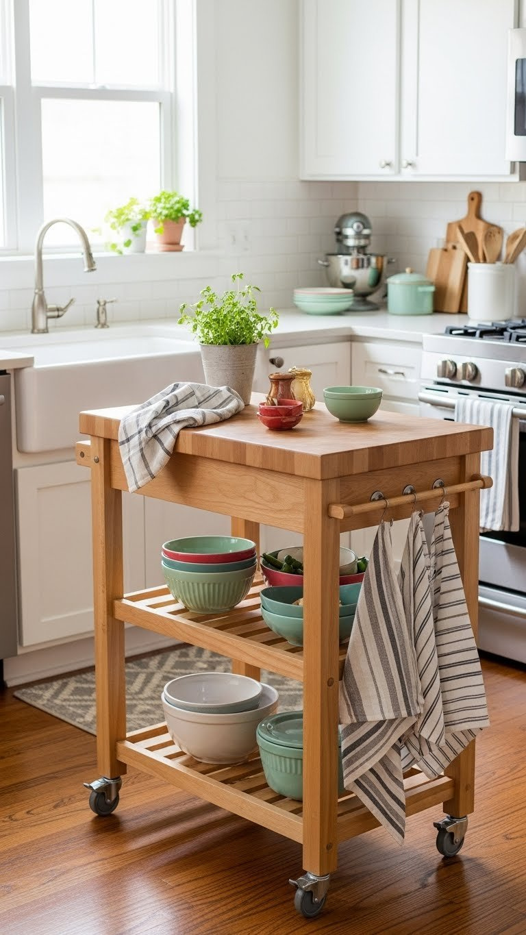 10X10 Kitchen Layouts: Proven Ideas For Small Spaces 17 Mobile kitchen cart with natural wood butcher block top, herb plant, and colorful prep bowls for flexible workspace.