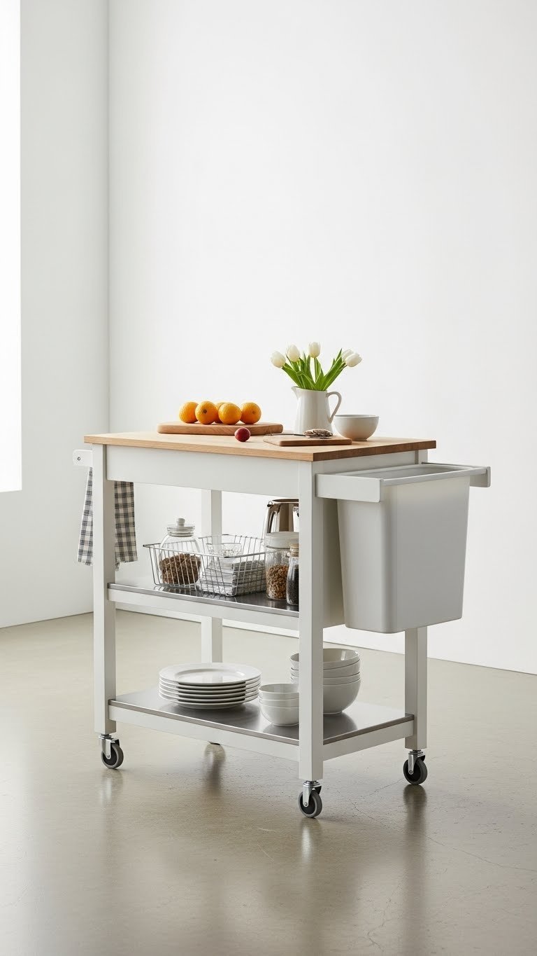 Small Office Kitchen: 11 Smart Ideas For Max Productivity 11 Mobile kitchen island cart with prep surface and storage shelves in dynamic office kitchen setting