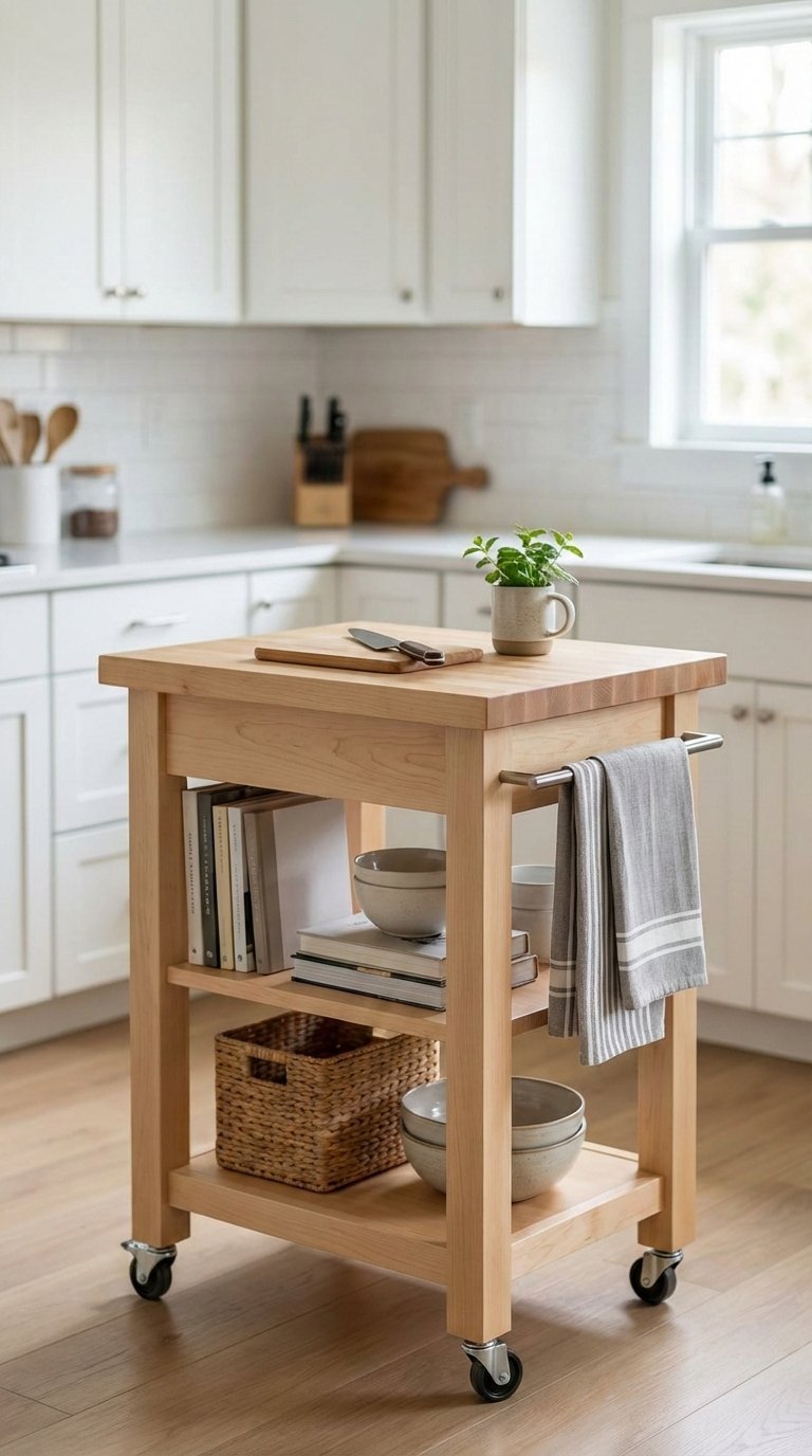 Mobile kitchen island with locking caster wheels and wooden countertop for flexible functionality