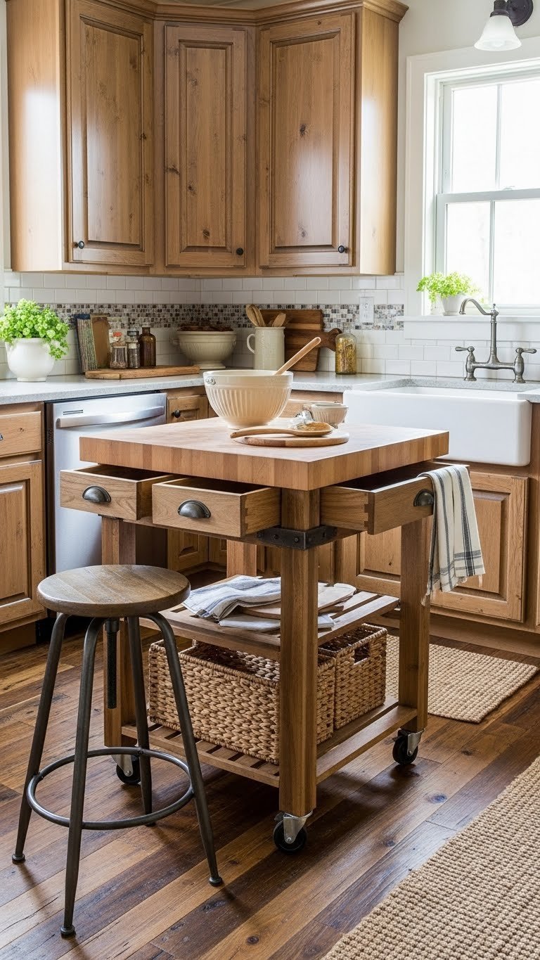Mobile rustic kitchen island with butcher block counter and forged iron hardware in small kitchen layout.