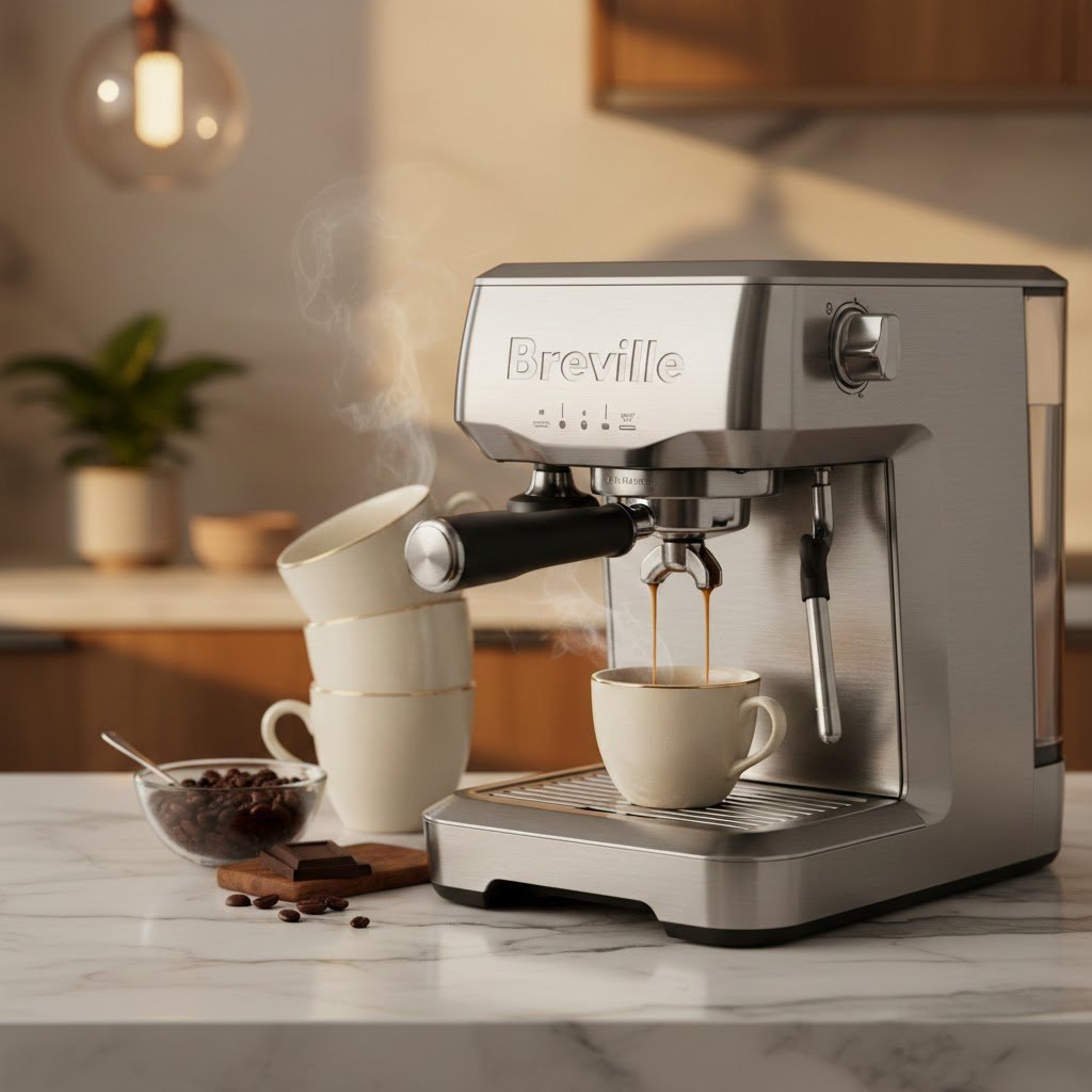 Modern Breville espresso machine actively brewing with steam rising from freshly pulled espresso shot in ceramic cup.