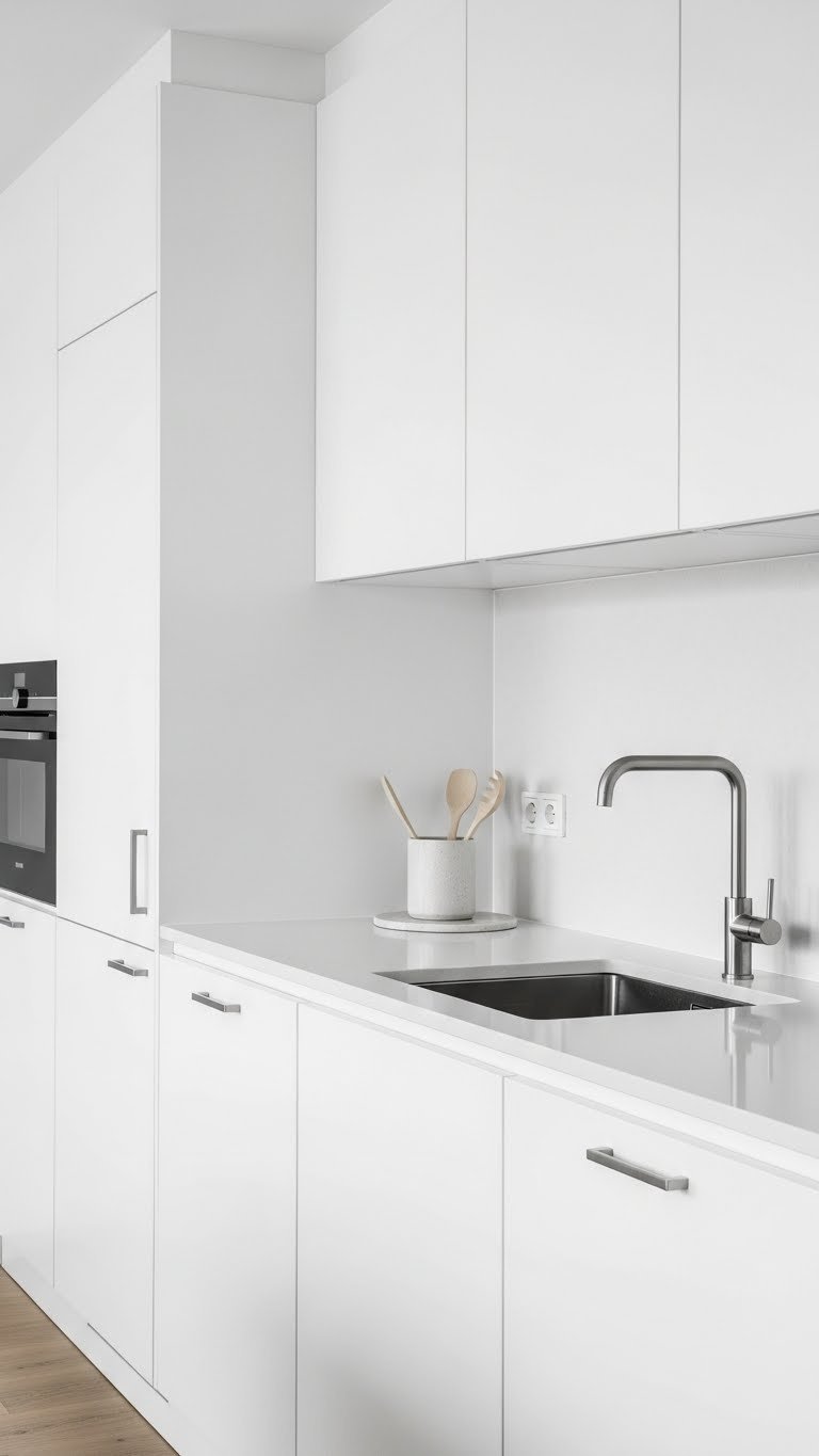 Modern HDB kitchen featuring handle-less white cabinets and quartz countertop in minimalist Scandinavian design style