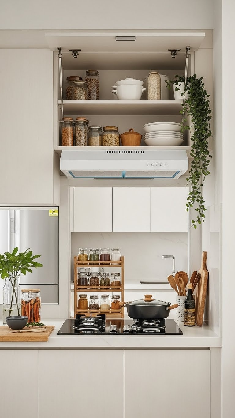 Modern Indian kitchen with floor-to-ceiling modular cabinets and open shelving featuring warm cream tones and organized spice jars