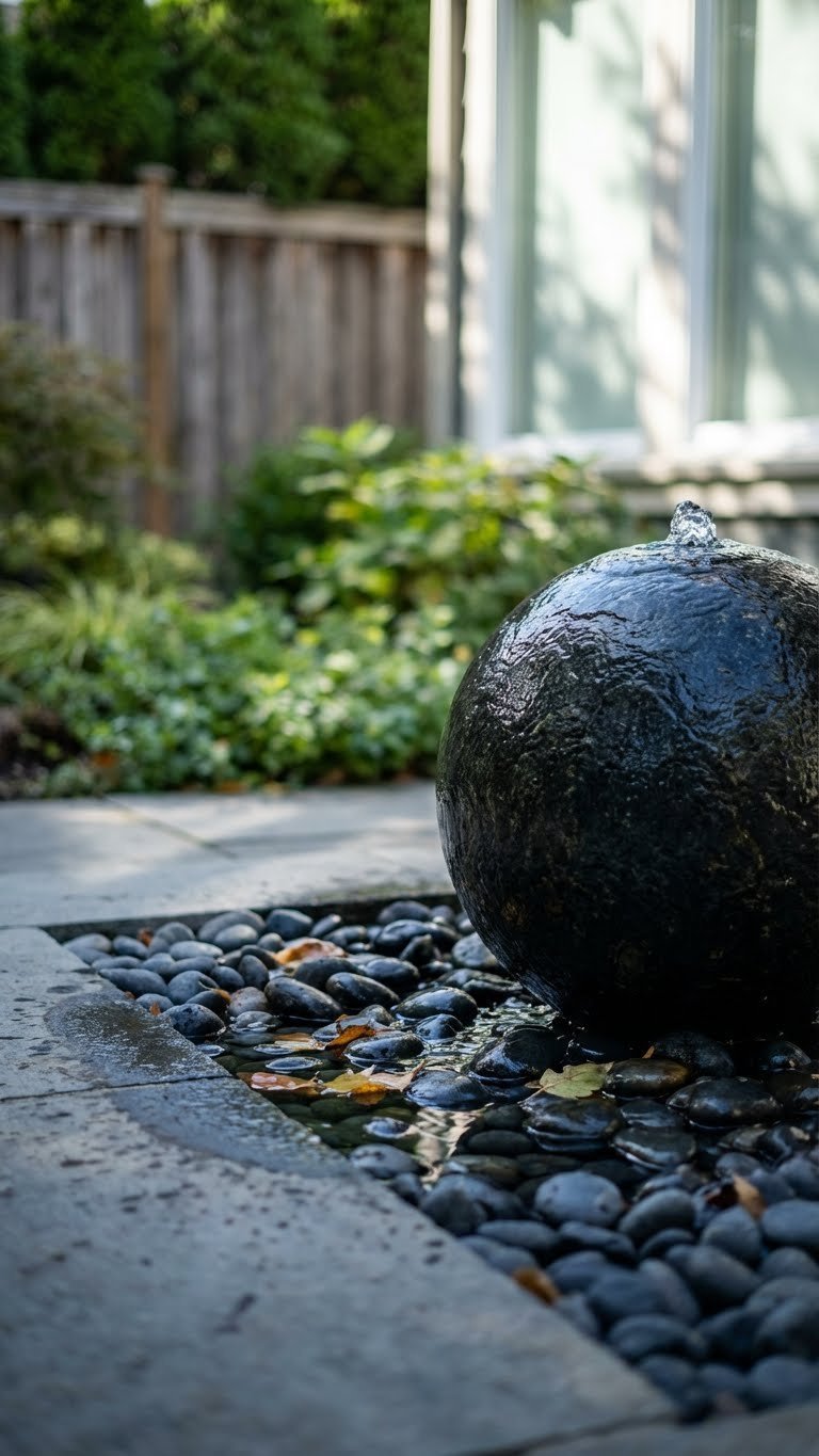 Outdoor Kitchen Japandi Design Guide For Serene Living 17 Modern Japandi water feature with water flowing over dark stone sphere into basin with black river rocks