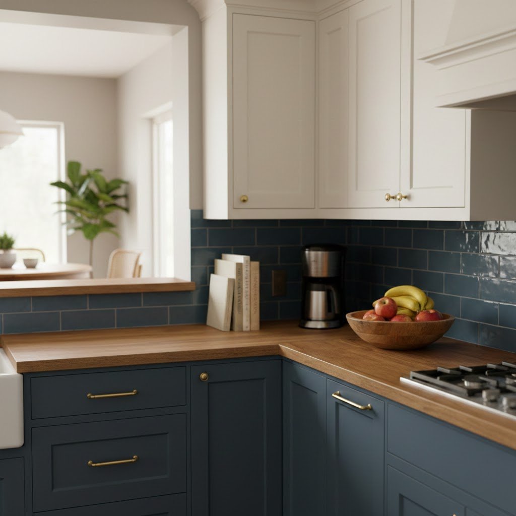 Modern L-shaped kitchen design with warm butcher block countertops, contrasting cabinetry, and soft natural window lighting