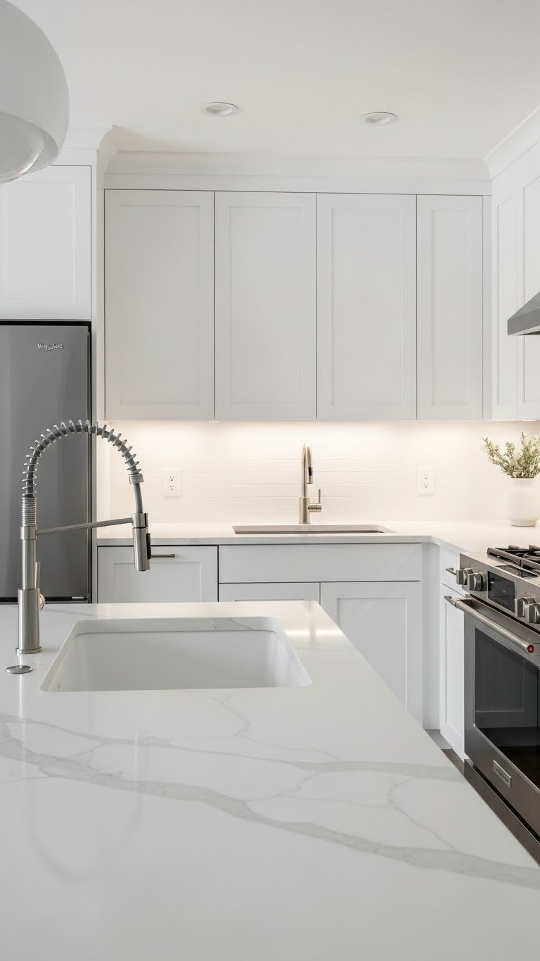 10X10 Kitchen Layouts: Proven Ideas For Small Spaces 1 Modern L-shaped kitchen with quartz countertops, stainless steel appliances, and smart corner storage in bright daylight.