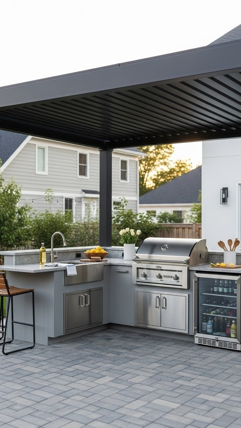Modern L-shaped outdoor kitchen with stainless steel grill and refrigerator under black pergola on bluestone patio