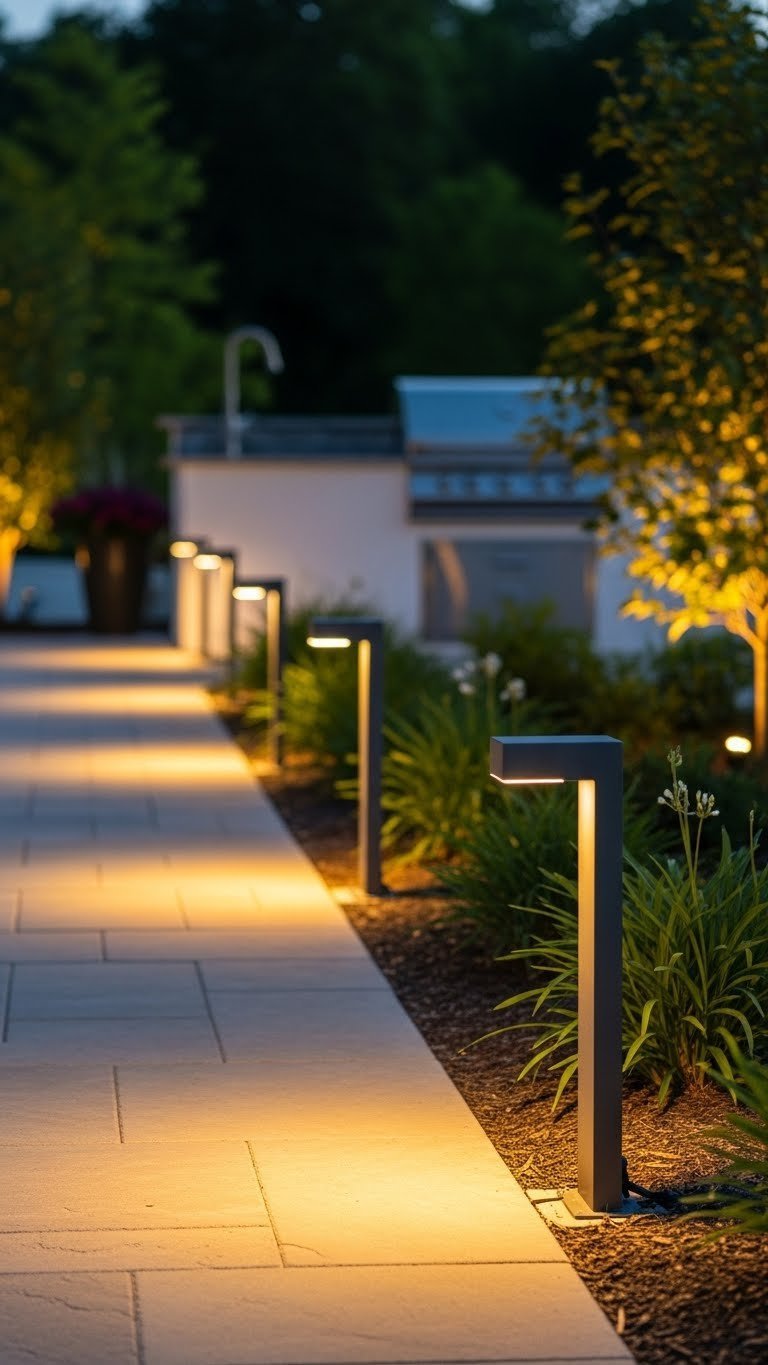 Modern LED bollard lights illuminating stone pathway leading to outdoor kitchen at dusk