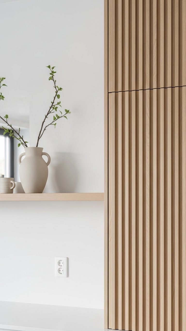 Modern Scandi kitchen accent wall with vertical fluted wood panels in natural birch tone against minimalist background