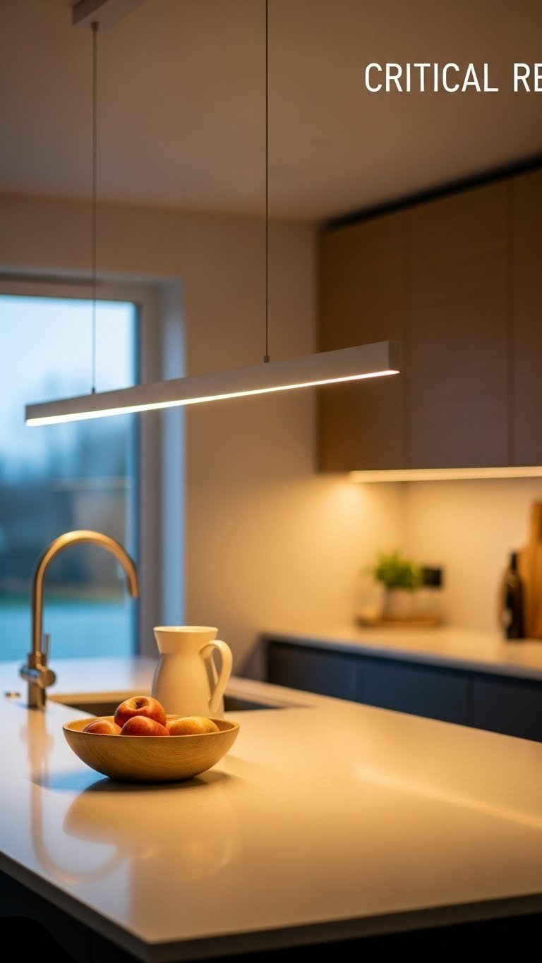 Modern Scandi kitchen island illuminated by minimalist pendant lights casting warm glow on white countertop