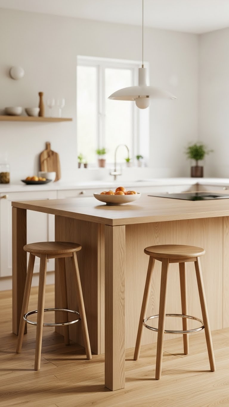 Modern Scandi kitchen island with integrated seating and minimalist bar stools in bright daylight setting with ceramic fruit bowl and pendant light fixture