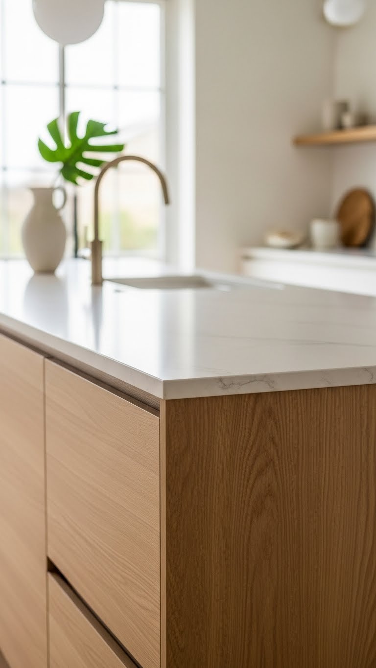 Modern Scandi kitchen island with light wood base and white stone countertop featuring natural textures and minimalist decor