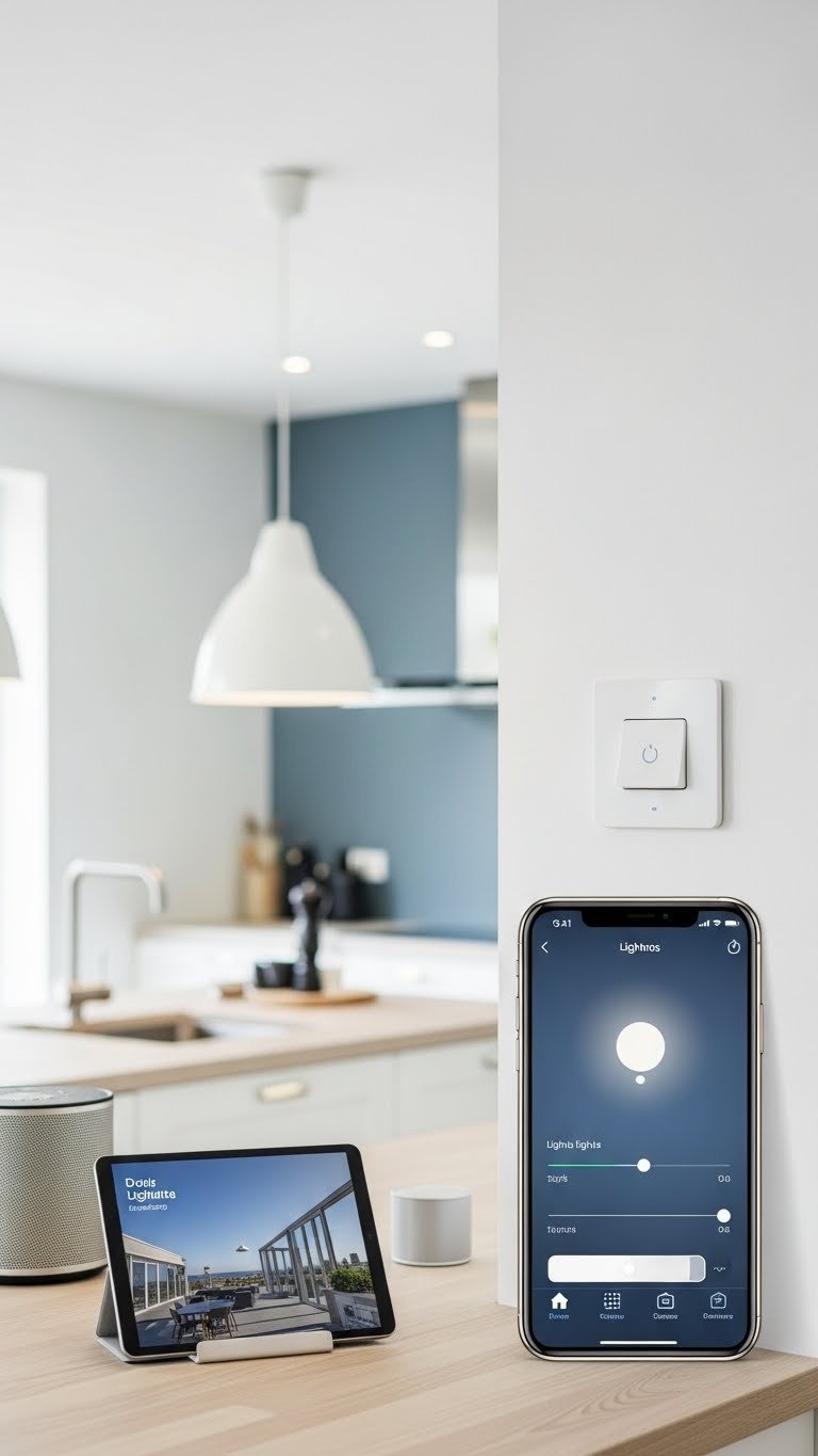 Modern Scandinavian kitchen featuring smart lighting control panel seamlessly integrated into minimalist white wall design