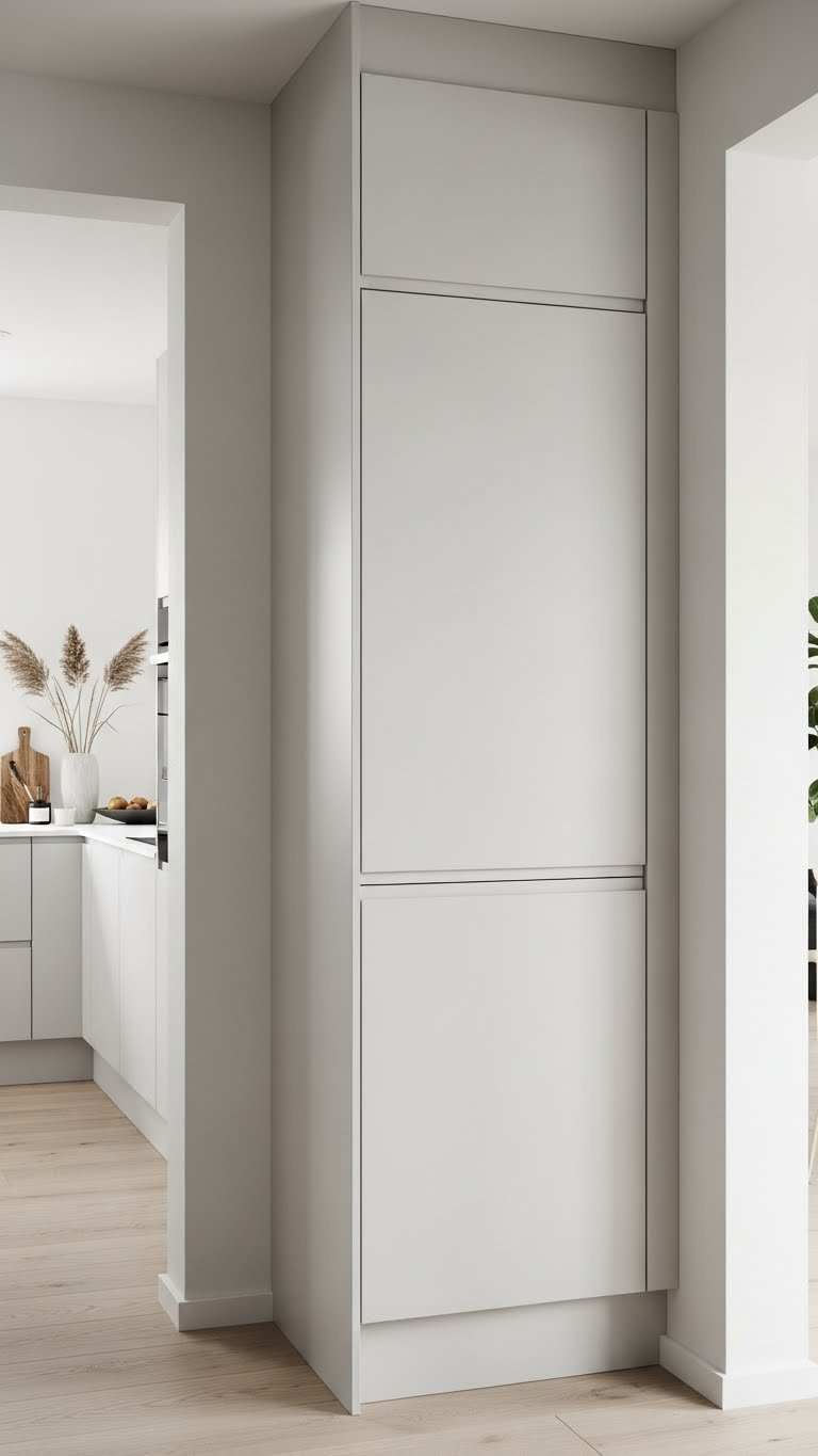 Modern Scandinavian kitchen pantry with floor-to-ceiling minimalist white cabinetry featuring seamless handle-less design and natural wood accents