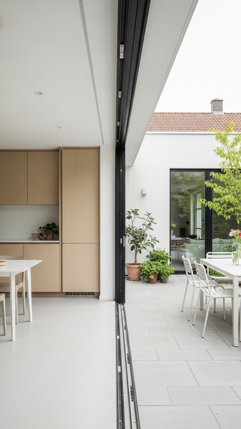Modern Scandinavian kitchen seamlessly transitioning to outdoor patio with pale wood cabinets and light gray stone flooring
