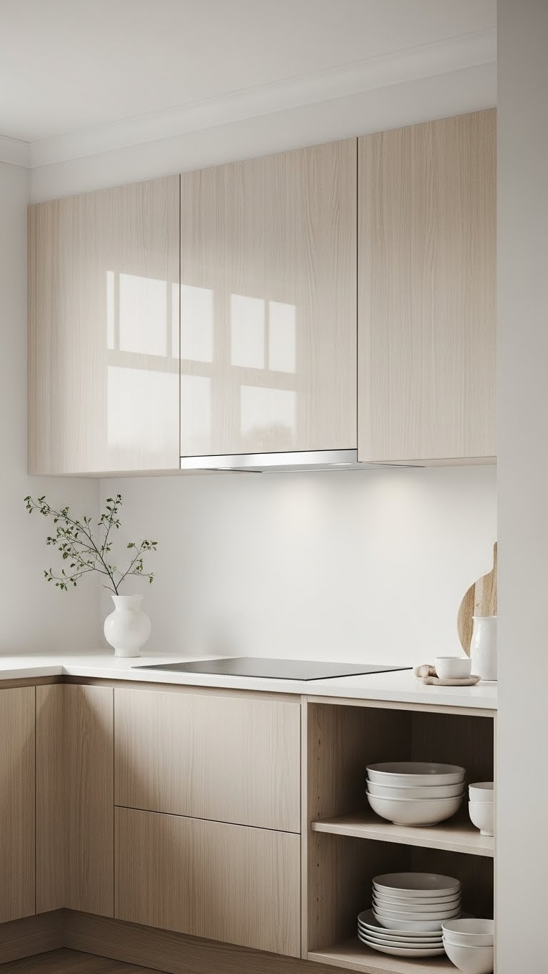 Modern Scandinavian kitchen with concealed range hood integrated into light wood cabinetry and minimalist handleless design.