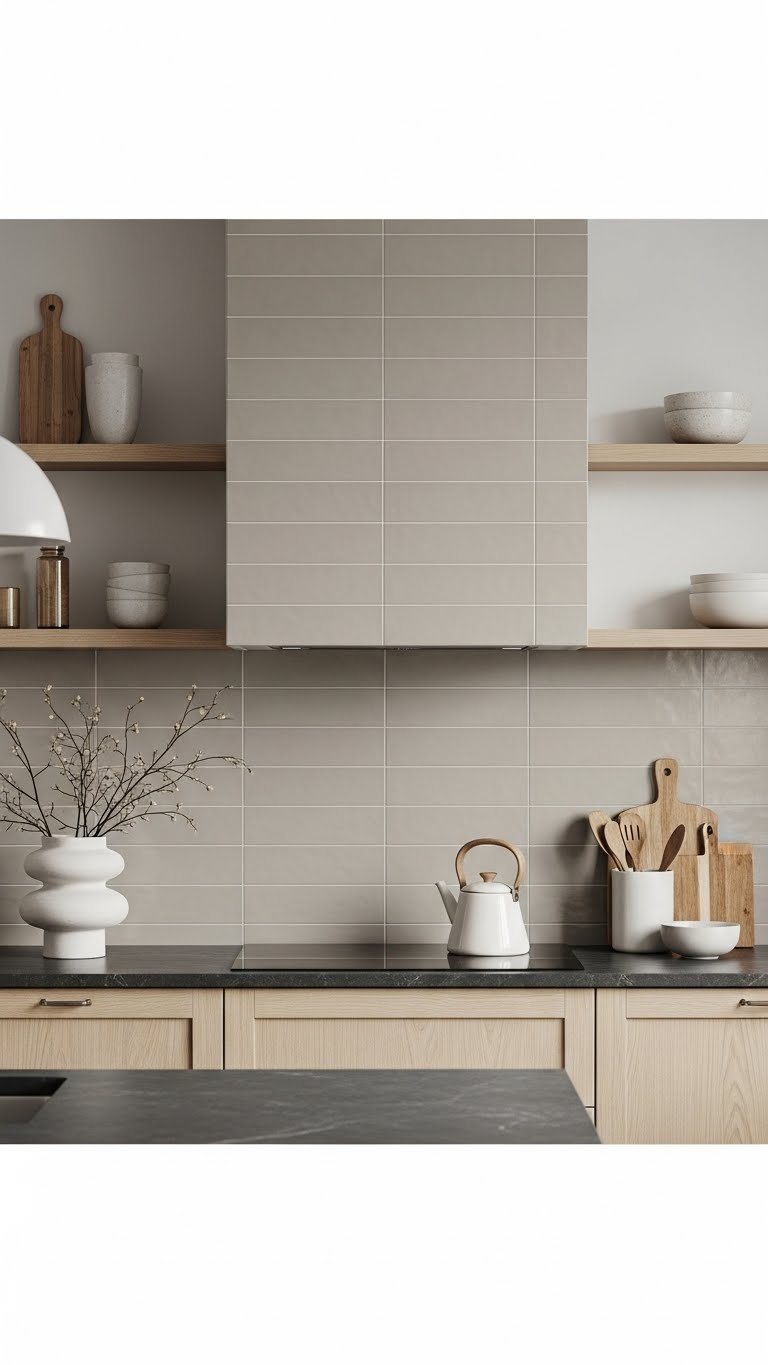 Modern Scandinavian kitchen with greige rectangular tile backsplash and dark quartz countertop in natural light.